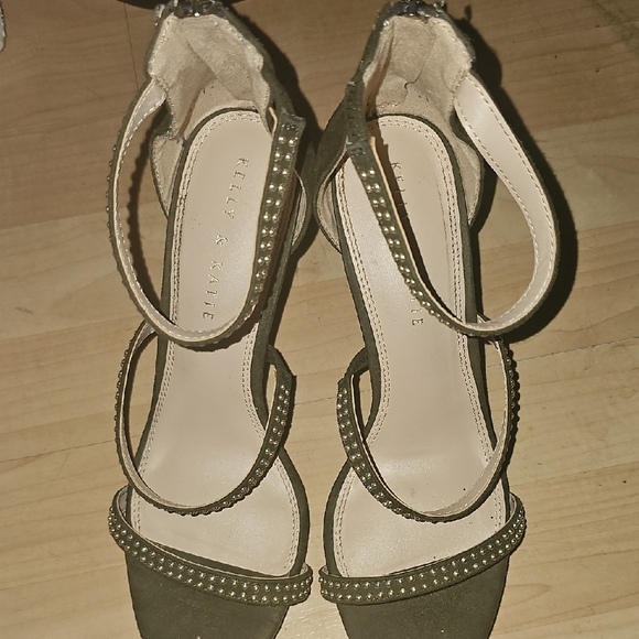 Kelly & Katie Olive Gold Studded Strappy Suede Sandal. Rear Zipper Closure. - Picture 1 of 3